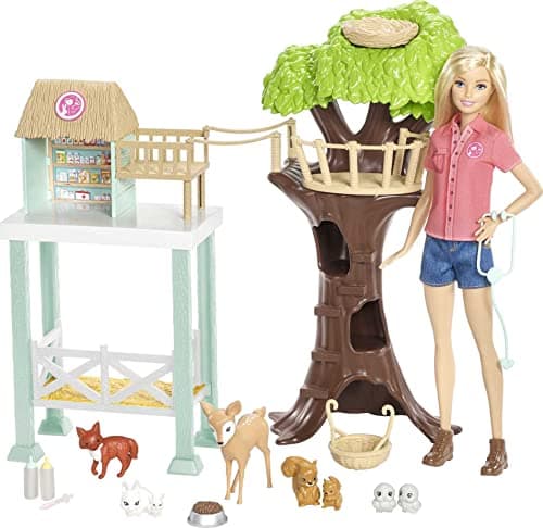 Barbie Vet Doll & Playset, Animal Rescuer Theme with 8 Wildlife Figures, Treehouse, Care Station, Rope Bridge & Accessories - Image 1