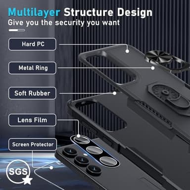 for Samsung Galaxy S25 Plus/S24 Plus Case with Screen Protector+Camera Lens Protector,Heavy Duty Shockproof Full Body Protective Cover Built in Rotatable Metal Ring Holder Kickstand,2025 Black Matte - Image 3