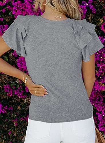 SHEWIN Womens Shirts Summer Ruffle Sleeve Crewneck Cute Ladies Tops and Blouses Grey XL - Image 3