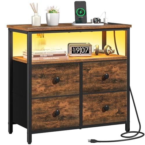 Yoobure Night Stand with Charge Station, Nightstand with 4 Drawers Bedside Table, LED Dresser with Storage Shelf, Night Stands for Bedroom, Side Table 3-Tier Wood End Table for Home Rustic Brown - Image 1