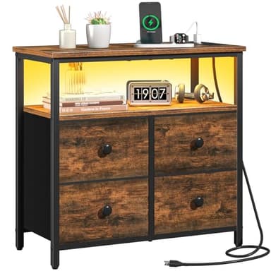 Yoobure Night Stand with Charge Station, Nightstand with 4 Drawers Bedside Table, LED Dresser with Storage Shelf, Night Stands for Bedroom, Side Table 3-Tier Wood End Table for Home Rustic Brown - Image 1