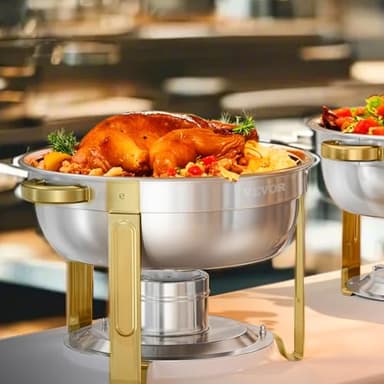 VEVOR Chafing Dish Buffet Set, 5 Qt 4 Pack, Stainless Steel Chafer with 4 Full Size Pans, Round Catering Warmer Server with Lid Water Pan Folding Stand Clip, for Weddings Parties Banquets, Gold - Image 8
