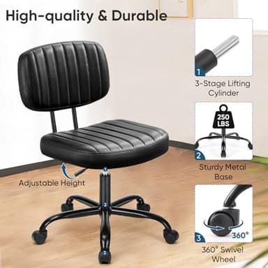 DUMOS Armless Office Desk Chair, Small Height Adjustable Computer Task Chair with Low Back Lumbar Support and 360° Swivel Rolling Wheels for Small Space, Kids and Adults, Dark Black - Image 5