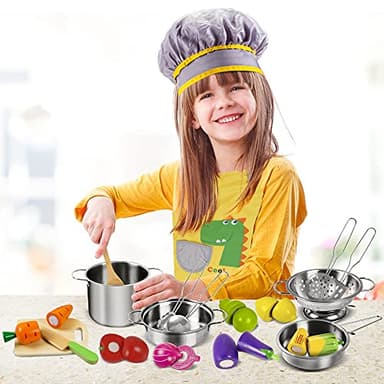 Sundaymot Play Kitchen Accessories, Wooden Play Food, Cooking Set with Stainless Steel Cookware Pots and Pans Utensils, Apron, Chef Hat, ​Cutting Food Kitchen Playset for Girls and Boys - Image 6