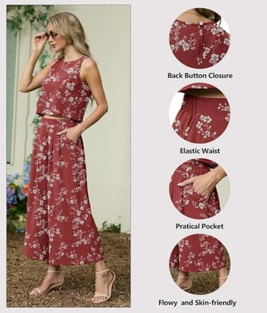 Lepunuo Womens 2 Piece Outfits Summer Boho Sleeveless Crop Top Flowy Wide Leg Pants Matching Sets Vacation Beach Travel Outfits - Image 2
