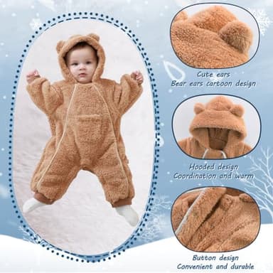 AiWMGL Newborn Baby Bear Outfit Suit 3-6 Months Girls Boys Fleece Jumpsuit Romper Hooded Coat Winter Clothes Outwear Snowsuit - Image 4