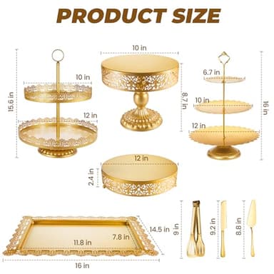 ELIMTEC Gold Cake Stand Metal Dessert Table Display Set Tiered Cupcake Holder Fruit Candy Donut Plate Serving Tower Tray Platter (Gold) - Image 3