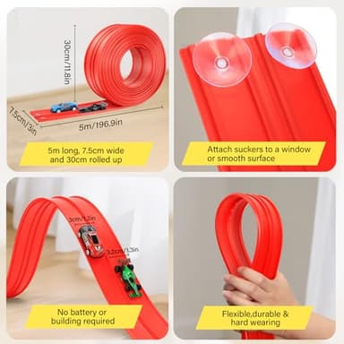 KETIEE Flex Tracks 16Ft for Kids: Flexible Race Car Ramp Track with 4 Small Racecars and 8 Suction Cups Compatible with Hot Wheels and Diecast 1/64th Cars, Rolls Up Portable Racetrack for Ages 3 & Up - Image 6