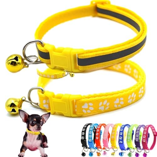 Yellow Dog Collar with Bell, 2-Pack Cat Collar with Bell Reflective Puppy Collar Nylon Soft Adjustable Buckle for XXS XSmall Extra Small Tiny Boy Girl Pets Female Kitten Yorkie Teacup Chihuahua Small - Image 1