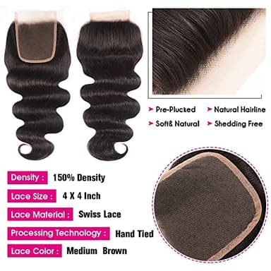 YISEA Brazilian Body Wave Bundles with Closure(16 18 20+14 Closure) Human Hair 3 Bundles with 4x4 Lace Closure Braziian Virgin Human Hair - Image 4