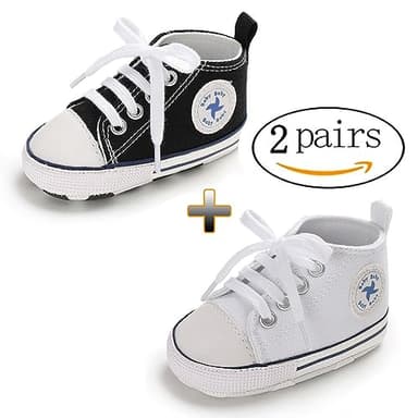 Baby Girls Boys Shoes Soft Anti-Slip Sole Newborn First Walkers Star High Top Canvas Denim Unisex Infant Sneaker (E01-2 Pairs/Black+White, 0-6 Months) - Image 6