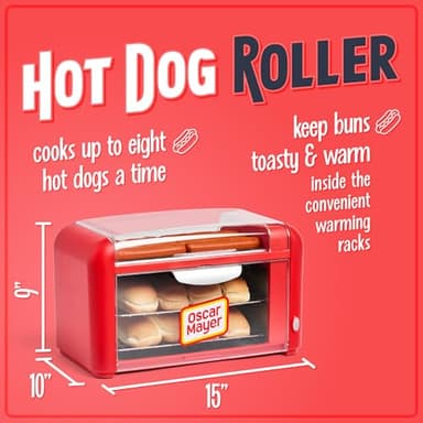 Nostalgia Oscar Mayer Extra Large 8 Hot Dog Roller & Bun Toaster Oven, Stainless Steel Grill Rollers, Non-stick Warming Racks, Perfect for Dogs, Veggie Sausages, Brats, Adjustable Timer, Red - Image 3