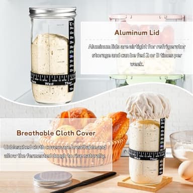 Sourdough Bread Baking Supplies,24 oz Sourdough Starter Jar Glass, Sourdough Starter Kit with Date Marked Feeding Band, Thermometer, Silicone Scraper, Sewn Cloth Cover & Aluminum Lid, Sourdough Jar - Image 6