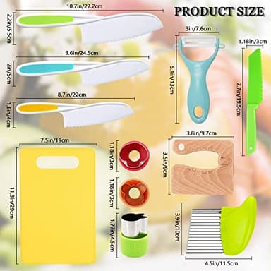 RISICULIS 11 Pieces Wooden Kids Kitchen Knife, Kids Kitchen Set Include Wood Knife, Serrated Edges Plastic Toddler Knife, Crinkle Cutter, Sandwich Cutter, Y Peeler, Cutting Board - Image 2
