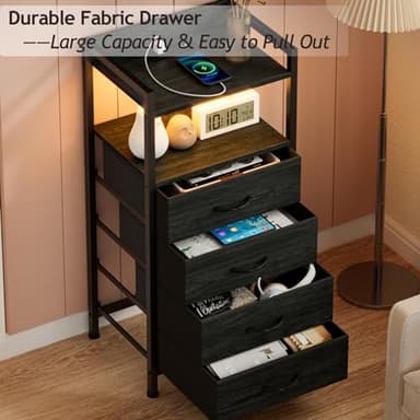 Furnulem Night Stand with Charging Station, Black Nightstand with Drawers and Led Light, Tall Dresser for Bedroom, Bedside Table with Fabric Storage Bins, Metal Frame, Wood Furniture - Image 7