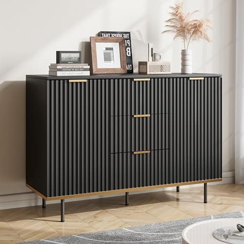 Buffets & Sideboards, Fluted Sideboard Cabinet, 2 Door 3 Drawer Design, Acceent Black Sideboard - Elegant Cabinet Ideal for Dining Room and Kitchen Storage 47.2 inch - Image 1