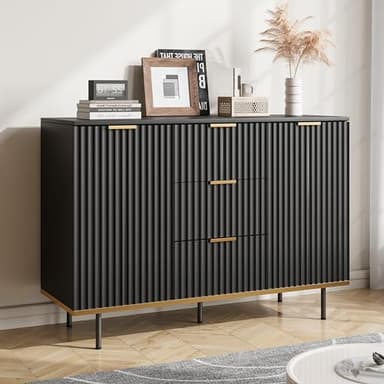 Buffets & Sideboards, Fluted Sideboard Cabinet, 2 Door 3 Drawer Design, Acceent Black Sideboard - Elegant Cabinet Ideal for Dining Room and Kitchen Storage 47.2 inch - Image 1