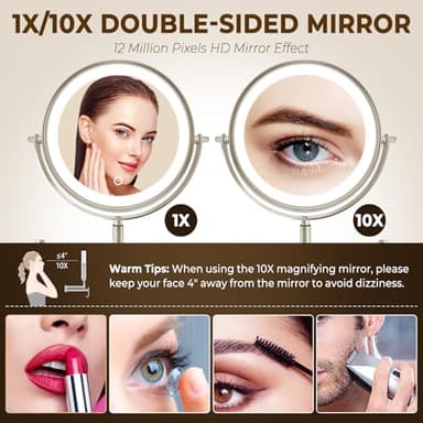 CONLWIN 8" Wall Mounted Lighted Makeup Mirror, 3000mAh Rechargeable Double Sided 1X/10X Magnifying Mirror with Hook, 3 Color Lights Touch Dimmable 360° Rotation Vanity Mirror for Bathroom - Image 6