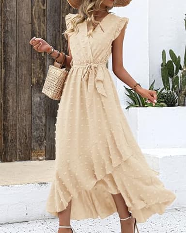 BTFBM Women V Neck Summer Dress 2025 Cap Sleeve Swiss Dot Boho Flowy Ruffle Slit Beach Party Long Maxi Cocktail Dresses(Beige, Small) - Image 5