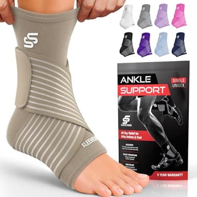 Sleeve Stars Ankle Brace for Women & Men, Ankle Wrap for Sprain, Compression Sleeve for Plantar Fasciitis Relief, Easy Customizable Support: w/ Removable Strap (Single/M:10"-12"/Beige) - Image 1