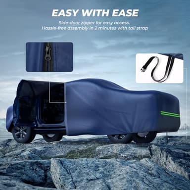 KAKIT Truck Cover Waterproof All Weather, Wear-Resistant Lightweight Fabric with Door Zipper and Tear Resistant Quick Drainage Holes, 5 Windproof Straps, Navy Blue (Truck Up to 232''L) - Image 8