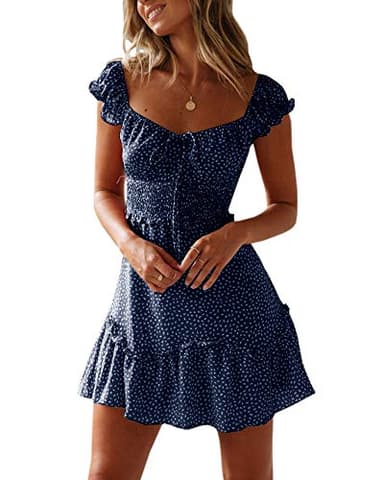 YOBECHO Womens Summer Ruffle Sleeve Sweetheart Neckline Printing Dress Mini Dresses Navy Blue - Image 1