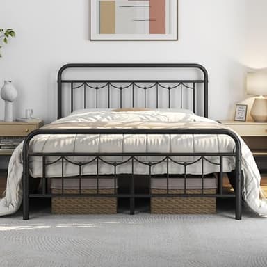 Yaheetech Queen Size Metal Bed Frames with Vintage Headboard and Footboard, Farmhouse Metal Platform Bed, Heavy Duty Steel Slat Support, Ample Under-Bed Storage, No Box Spring Needed, Black - Image 1