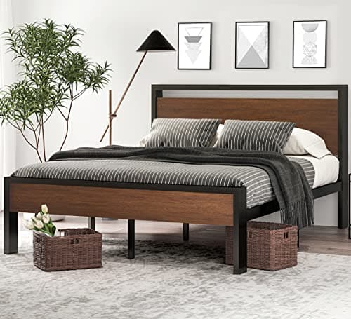SHA CERLIN 14 Inch Queen Size Metal Platform Bed Frame with Wooden Headboard and Footboard, Mattress Foundation, No Box Spring Needed, Large Under Bed Storage, Non-Slip Without Noise, Walnut - Image 1