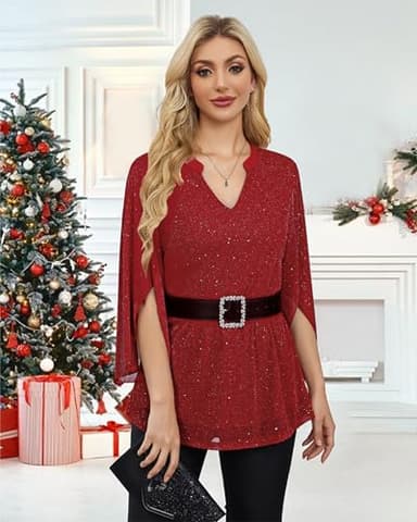 VALOLIA Plus Size Tops For Women Dressy, Ladies Fall Blouses Festival Holiday Beautiful Flowing Tops Luxury Clothing For Women Casual Evening Outfits Sparkly Red X-Large - Image 3
