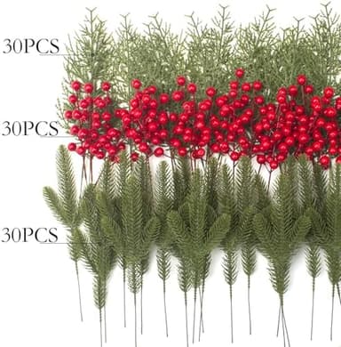 Grunyia 90 PCS Artificial Pine Branches Cedar Stems with Red Holly Berries - Perfect Faux Pine Greenery Stems for Christmas Tree, Wreath & Garland DIY Crafts Holiday Home Decoration - Image 3