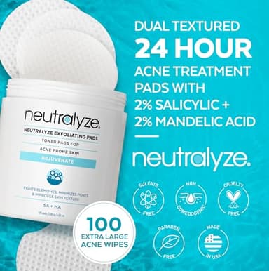 Neutralyze Exfoliating Acne Treatment Pads (100 Count) - Dual Textured Face Wipes with 2% Salicylic Acid & 2% Mandelic Acid - Toner Pads for Acne Prone Skin, Face & Body Wipes for Teens & Adults - Image 3