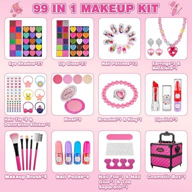 99 Pcs Kids Makeup Kit for Girls, Princess Toys Real Washable Cosmetics Set with Mirror, Hair Ties, Nails, Rings, Earrings, Necklace, Perfect for 3 4 5 6 7 8 Year Old Girls Birthday - Image 2