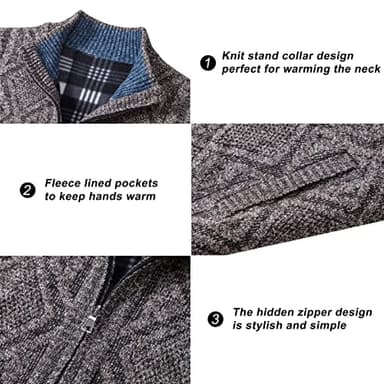VtuAOL Men's Casual Stand Collar Full Zip Sweaters Thick Knitted Cardigan Winter Coat Coffee US L - Image 3