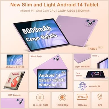 Dghrti 2025 Android 14 Tablet, 22GB RAM+128GB ROM+1TB Expand, 8000mAh Battery, 10.1 Inch Touchscreen, Octa-Core CPU, 2-in-1 Tablet with Keyboard&Mouse, Support BT5.0, GPS, WiFi - Purple - Image 2