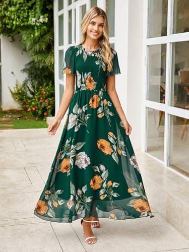 Simplee Womens Spring Floral Maxi Wedding Guest Dress Bohemian Short Sleeve Loose Sundress Lightweight Flowy Prom Vacation Dress(Dark Green M) - Image 4