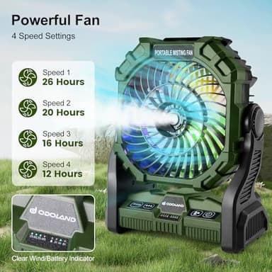 Odoland Portable Camping Fan with LED Lantern, 20000mAh Battery Operated Rechargeable Misting Fan with Light, 250mL Water Tank, Hook, Outdoor Tent Cooling Fans for Patios Beach Travel Summer, Green - Image 2