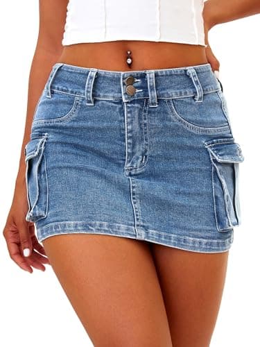 ELLEVEN Mini Cargo Skirts for Women High Stretchy, Low Waist Y2k Skirt Button Cute Denim Bodycon Jean Skirt with Pocket Denim Blue Medium - Image 1