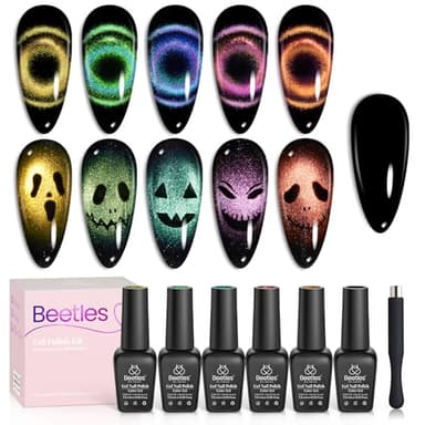 Beetles Cat Eye Gel Nail Polish Set - 6 Colors Halloween Chameleon Cat Eye Black Glitter Red Blue Gold Green Orange Gel Polish with Magnet Soak Off UV Velvet Gel Salon French Nail Art Gift for Women - Image 1
