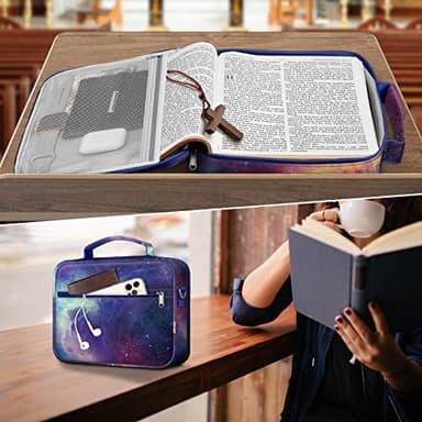 FINPAC Large Bible Cover w/Shoulder Strap, Carrying Book Case Church Bag Bible Protective w/Pen Slots and Zippered Pocket, Gift for Women Lady, Galaxy - Image 5