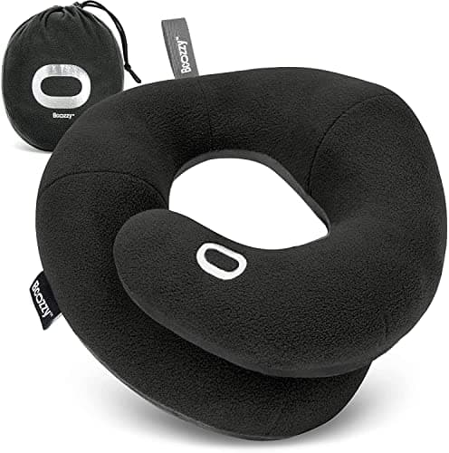 BCOZZY Travel Neck Pillow for Airplane– Patented Double Support for Head, Neck, and Chin. Best for Long Flights, Plane Sleeping, and Car Rides. Adjustable Size. Fully Washable. Carry Bag. Large, Black - Image 1