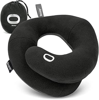 BCOZZY Travel Neck Pillow for Airplane– Patented Double Support for Head, Neck, and Chin. Best for Long Flights, Plane Sleeping, and Car Rides. Adjustable Size. Fully Washable. Carry Bag. Large, Black - Image 1
