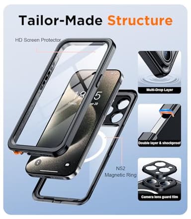 Temdan Magnetic for iPhone 15 Pro Max Case Waterproof,Built-in Screen Protector[IP68 Underwater][Upgrade Military Dropproof][Compatible with MagSafe] Full Body Shockproof Case-Black - Image 5