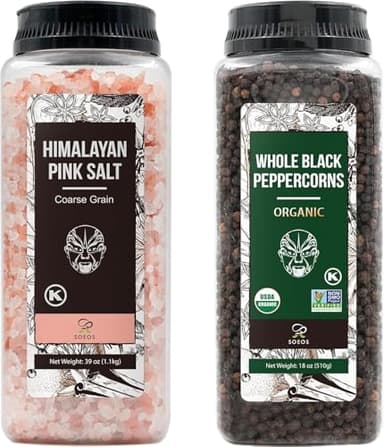 Soeos Himalayan Pink Salt Coarse 39 oz + Organic Black Peppercorns 18 oz, Salt for Grinder Refill, Salt and Peppercorns, Pepper Grinder Refill, Non-GMO Spice Seasoning Set For Cooking - Image 1