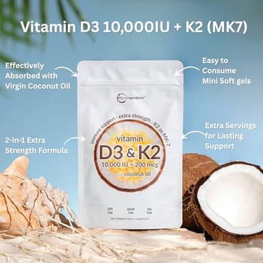 Micro Ingredients Vitamin D3 10,000 IU + K2 MK-7 200 mcg, 300 Softgels | Virgin Coconut Oil | 2-in-1 Bone, Immune & Heart Support | Easy to Swallow, Non-GMO - Image 2