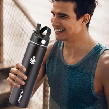 SENDESTAR Insulated Water Bottle 24 OZ, Wide Mouth 24 oz Water Bottle with Straw Lid, Spout Lid, Double Wall Vacuum Stainless Steel Leak Proof, Keeps Liquids Hot or Cold (Black) - Image 2