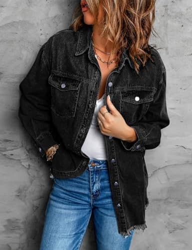 Vetinee Women's Concert Outfits for Women Oversized Boyfriend True Black Front Button Up Frayed Raw Hem Long Sleeve Pockets Denim Jean Jacket Shacket X-Large Size 16 Size 18 - Image 5