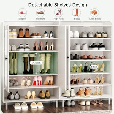 Shoe Storage Cabinet with Cross Molding Doors, 6-Tier Farmhouse Shoe Cabinet with 3 Adjustable Shelves and Metal Legs, 45'' Tall Shoes Rack Organizer Cabinet for Entryway, Front Door, White - Image 9