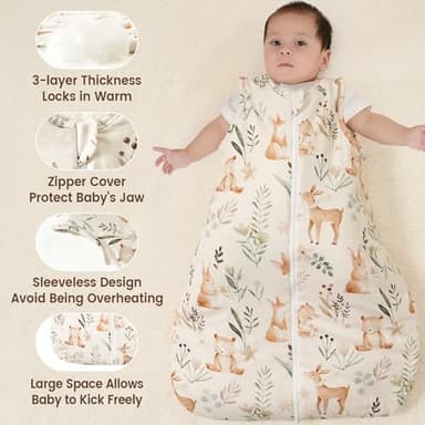 PHF 100% Cotton Baby Sleep Sack 0-6 Months, 2.5 TOG Winter Baby Wearable Blanket with 2-Way Zipper, Warm Comfy Quilted Sleeping Bags, Infant Sleeping Sack for Newborn Boys, Small Size, Woodland - Image 2