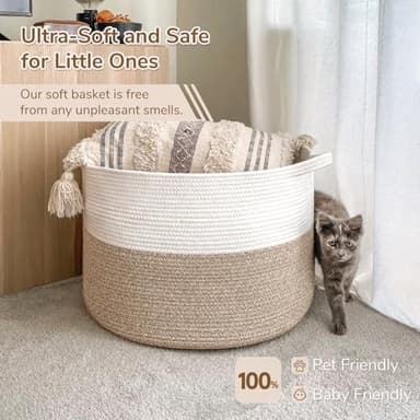INDRESSME Large Laundry Basket, 21.7'' x 13.8'' Cotton Rope Blanket Basket Living Room Toy Baskets Storage Kids, Woven Baskets for Dirty Clothes, Pillows, Towel, 90L Light Brown - Image 7