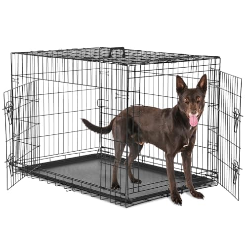 Sweetcrispy Large Dog Crate with Divider Panel, 36 Inch Double Door Folding Metal Wire Dog Cage with Plastic Leak-Proof Pan Tray, Pet Kennel for Indoor, Outdoor, Travel, 36S - Image 1